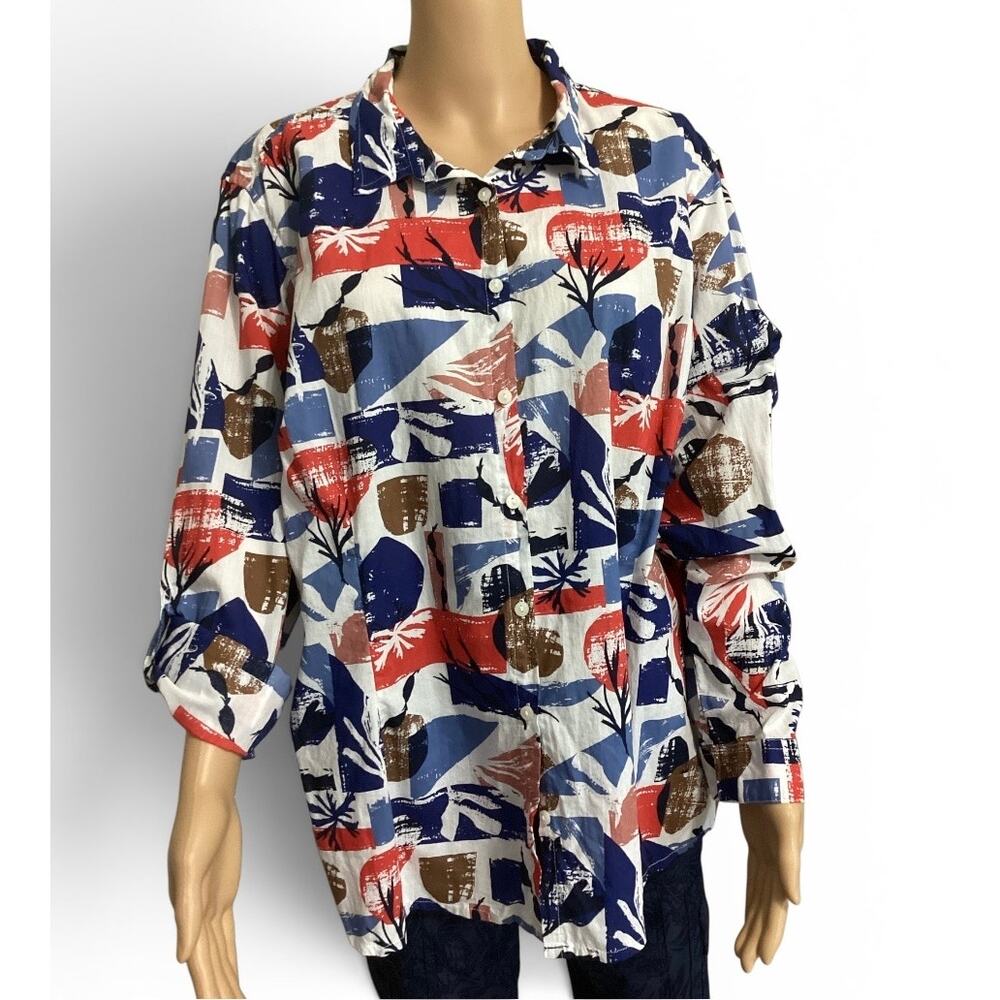Cornwall Larissa Shirt Organic Cotton Crinkle Button Up Abstract Print size 16